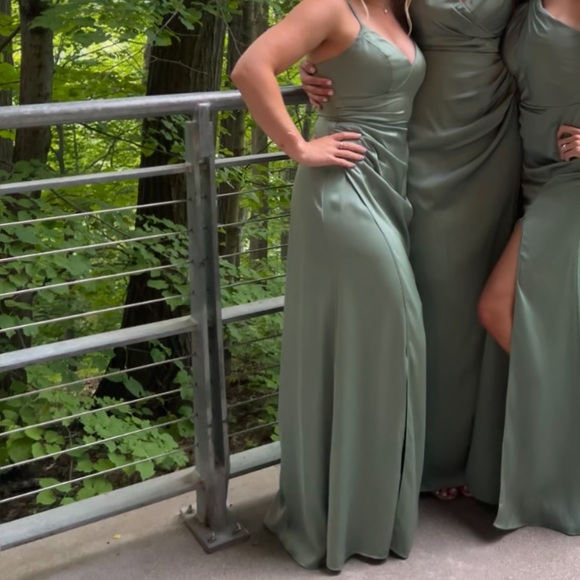 AZAZIE MARCHELLA Bridesmaid Dress Matcha Flowy Pleated Stretch Satin Dress - Picture 4 of 7